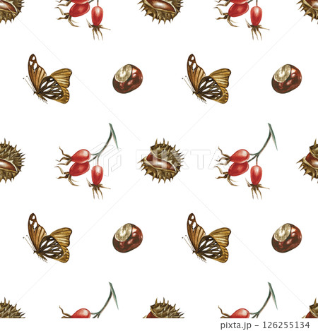 Seamless pattern with chestnuts, rose hips and butterflies. Handmade watercolor illustration. Color image. For packaging, decor, textiles and wallpaper, for printing, wrapping paper Seamless pattern with chestnuts, rose hips and butterflies. Handmade watercolor illustration. Color image. For packaging, decor, textiles and wallpaper, for printing, wrapping paper 126255134