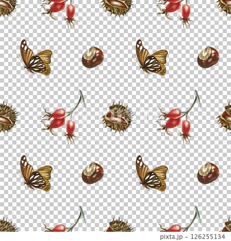 Seamless pattern with chestnuts, rose hips and butterflies. Handmade watercolor illustration. Color image. For packaging, decor, textiles and wallpaper, for printing, wrapping paper Seamless pattern with chestnuts, rose hips and butterflies. Handmade watercolor illustration. Color image. For packaging, decor, textiles and wallpaper, for printing, wrapping paper 126255134