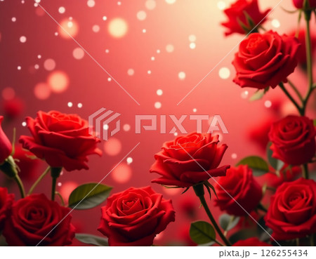 Lush red roses bloom passionately, velvety petals catching delicate glimmer of bokeh lights. Enchanting arrangement mesmerizing atmosphere, love admiration. A blank space invites heartfelt messages AI 126255434