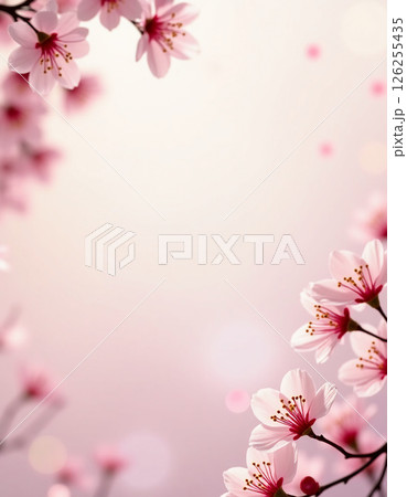 Delicate sakura blooms burst forth in shades of pink, creating a breathtaking display of nature's artistry. They elegantly frame a serene pastel backdrop that evokes feelings of tranquility and 126255435