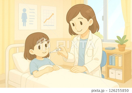 入院中の女の子を優しく看病する女性医師の病院イラスト 126255850