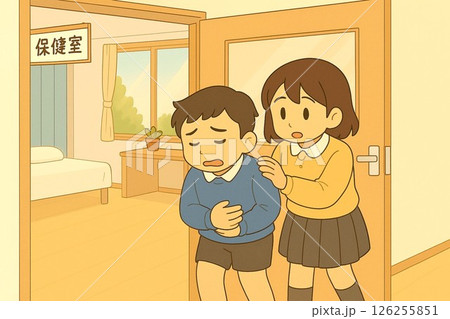 保健室に向かう腹痛の男の子と心配する女の子の学校イラスト 126255851