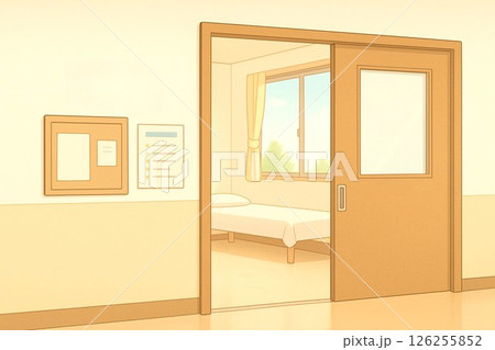 窓から光が差し込む清潔で静かな保健室の室内イラスト 窓から光が差し込む清潔で静かな保健室の室内イラスト 126255852