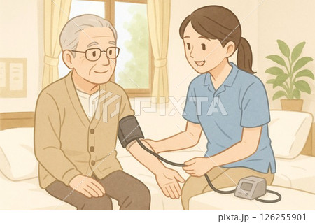 高齢者の血圧を測定する介護士のやさしい医療介護イラスト 126255901