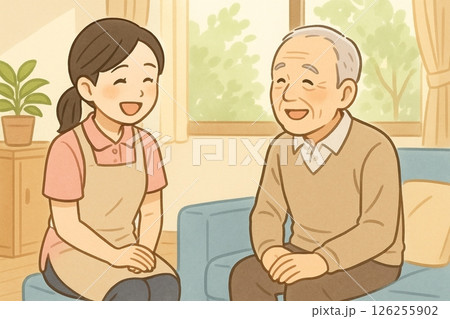 高齢者と介護士が笑顔で会話する温かい介護のイラスト 126255902