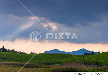 曽爾高原の初夏　垂れ込める雲の間から覗く天使の梯子とお亀池 126255985