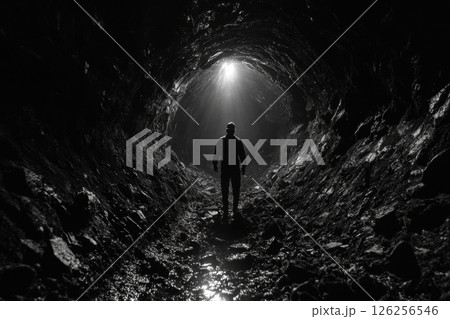 Mysterious journey through shadows dark tunnels and abandoned caves in black and white 126256546