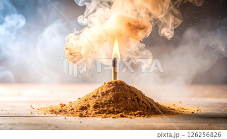 cinnamon powder with lit match. Background concept. Generated Image 126256826