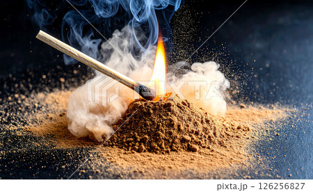 cinnamon powder with lit match. Background concept. Generated Image 126256827