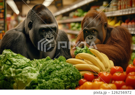 Two gorillas are standing in a grocery store aisle, looking at the produce 126256972