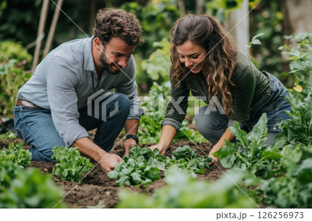 Outdoor greenhouse gardening couple cultivating organic vegetables together 126256973