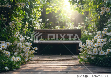 Serene garden pathway with bench amidst daisies in sunlit setting 126256974