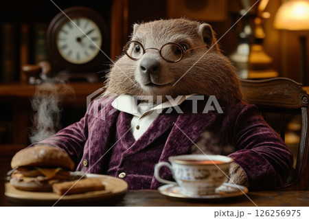 Charming anthropomorphic creature enjoying tea and burger cozy library whimsical art intimate atmosphere close-up view fun concept 126256975