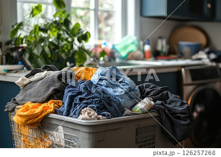 Laundry pile home kitchen domestic scene cluttered environment close-up view everyday life struggles Laundry pile home kitchen domestic scene cluttered environment close-up view everyday life struggles 126257268