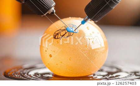 Tattoo needle puncturing a water balloon . Background concept. Generated Image 126257403