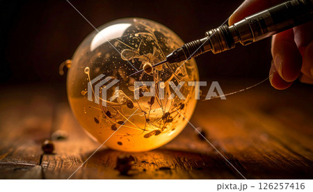 Tattoo needle puncturing a water balloon . Background concept. Generated Image 126257416