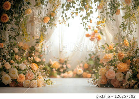 Beautiful floral arrangement for wedding event indoor setting decorative content romantic atmosphere close-up view nature's elegance 126257582