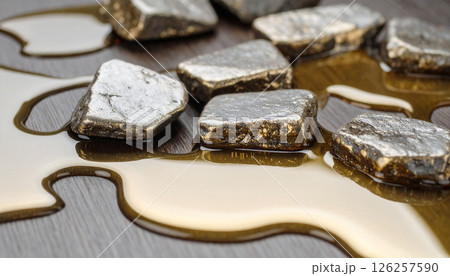 Whiskey rocks melting gold puddles . Background. Generated Image 126257590