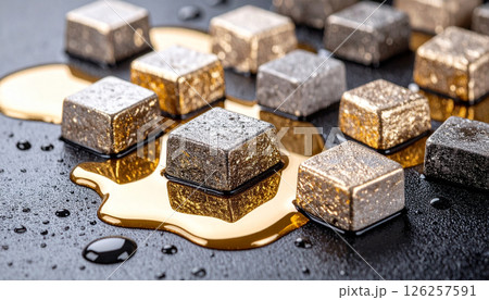 Whiskey rocks melting gold puddles . Background. Generated Image 126257591