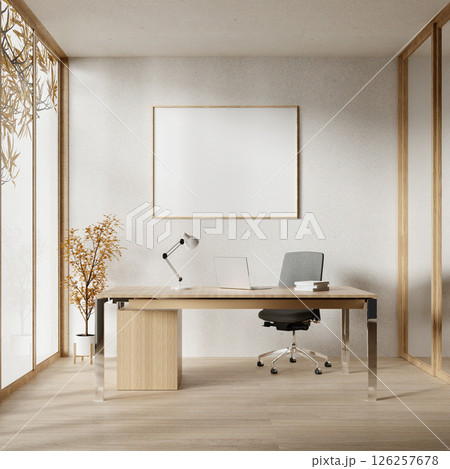 Modern minimalistic office interior with a wooden desk and decor, 3D render illustration. Modern minimalistic office interior with a wooden desk and decor, 3D render illustration. 126257678