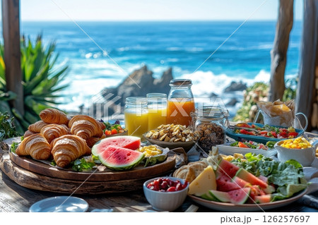Breakfast feast by the ocean a vibrant food spread with scenic views 126257697