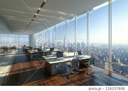 Modern office space with city view skyscraper location architectural design urban environment elevated perspective Modern office space with city view skyscraper location architectural design urban environment elevated perspective 126257698