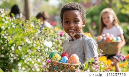 Easter egg hunt celebration community park family activity spring nature close-up view joyful experience 126257726
