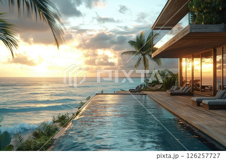 Relaxing poolside retreat with ocean view at sunset luxury villa tropical paradise 126257727