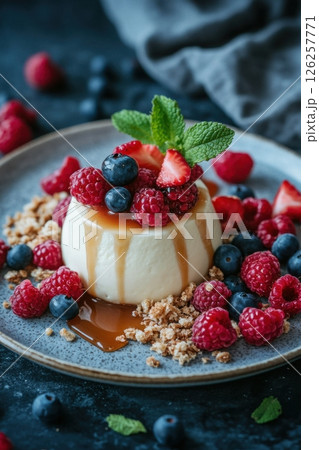 A dessert with strawberries, blueberries, and raspberries on top of a plate A dessert with strawberries, blueberries, and raspberries on top of a plate 126257771