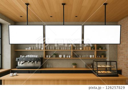 カフェに設置されたデジタルサイネージ カフェに設置されたデジタルサイネージ 126257829