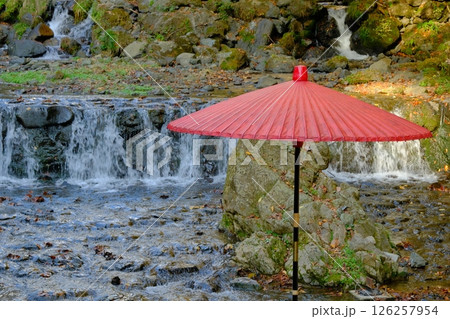 秋の貴船川と和傘 秋の貴船川と和傘 126257954