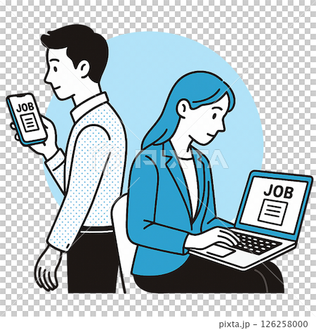 新畢業生使用智慧型手機和電腦求職的插圖 126258000
