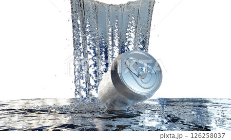 滝のように弾ける水と銀色の缶が描く清涼感の3Dイラスト 滝のように弾ける水と銀色の缶が描く清涼感の3Dイラスト 126258037