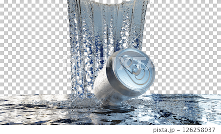 滝のように弾ける水と銀色の缶が描く清涼感の3Dイラスト 滝のように弾ける水と銀色の缶が描く清涼感の3Dイラスト 126258037