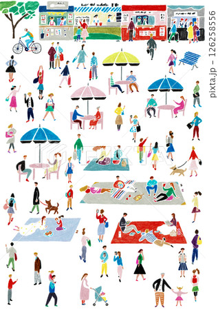 人々の手描きイラストセット 休日の公園 人々の手描きイラストセット 休日の公園 126258556
