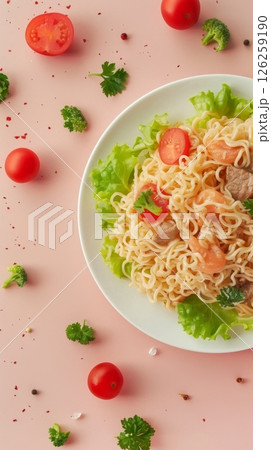 Noodle fried with topping tomato slice lettuce restaurant or homemade food 126259190