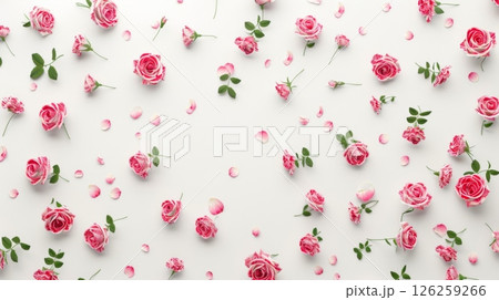 Pink Rose flower decoration leaves spring background 126259266