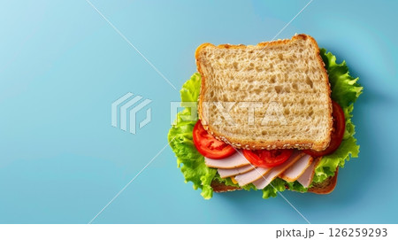 Sandwich loaf bread baked with beef, tomato, lettuce and cheese, copy space background Sandwich loaf bread baked with beef, tomato, lettuce and cheese, copy space background 126259293