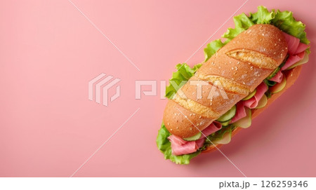 Sandwich bread with tuna, tomato, and lettuce for simple food, copy space flat lay 126259346