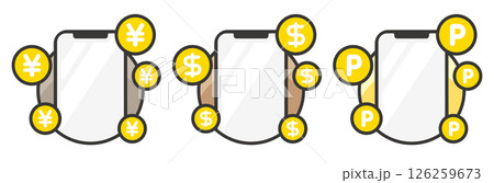 スマホとドルマーク、日本円マーク、ポイントのイメージセット ベクターイラスト 126259673