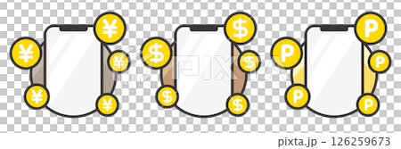 Smartphone and dollar sign, Japanese yen sign, point image set Vector illustration 126259673
