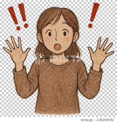 Illustration of a woman spreading her arms in surprise, a young female character frozen in surprise, 126260592