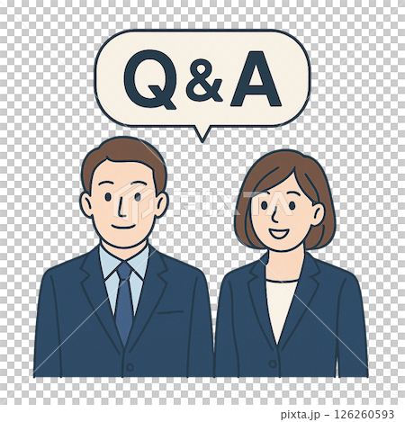 身著西裝的男女角色，以問答為主題，插圖為男女商務人士以問答形式進行解釋 126260593