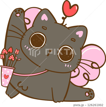 Kawaii Cupid Valentine Black Cat Funny Cute Cartoon Doodle hand Kawaii Cupid Valentine Black Cat Funny Cute Cartoon Doodle hand 126261002