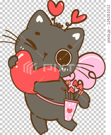 Cute Cupid Valentine Black Cat hug tiny heart Cartoon Doodle 126261012