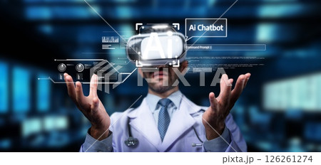 Medical Professional Using Virtual Reality Technology to Interact with AI Chatbot in High-Tech Surgical Environment. PHMT Medical Professional Using Virtual Reality Technology to Interact with AI Chatbot in High-Tech Surgical Environment. PHMT 126261274