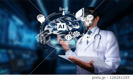 Doctor Using Virtual Reality Technology to Analyze Artificial Intelligence in a Medical Environment with Digital Interface Elements. PHMT 126261285