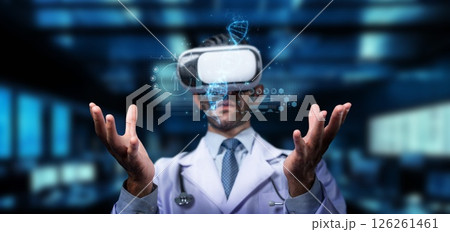 Doctor Wearing Virtual Reality Headset in Medical Laboratory with Digital Graphics, Exploring Innovative Technology for Healthcare Solutions. PHMT Doctor Wearing Virtual Reality Headset in Medical Laboratory with Digital Graphics, Exploring Innovative Technology for Healthcare Solutions. PHMT 126261461