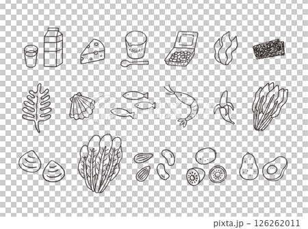 Hand-drawn illustration set of foods containing minerals (monochrome) 126262011