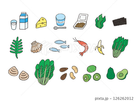 ミネラルを含む食べ物の手描きイラストセット（カラー） 126262012